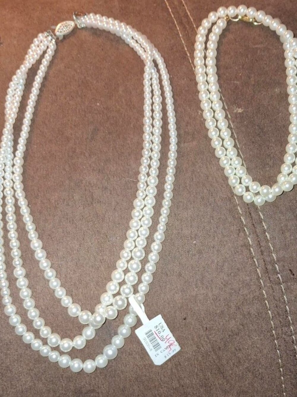 two White faux pearl necklace with gold clasp one with silver vintage